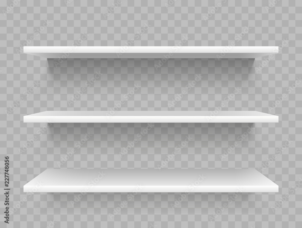 White empty product shelves. Supermarket display, promotional store shelf vector template