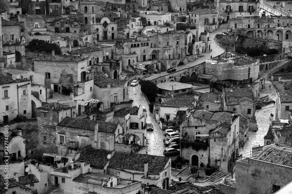Vista panoramica di Matera in bianco e nero