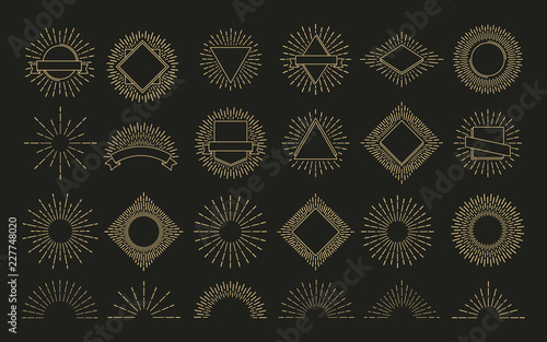 Gold sunburst. Retro burst radial emblem. sunrise sparkle shapes. Sunshine, shine rays vector labels