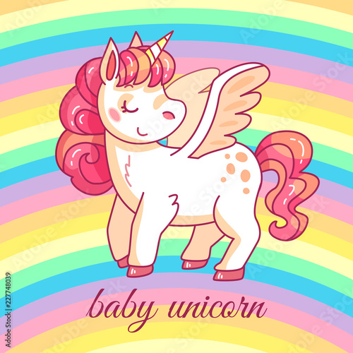 Cute baby unicorn. cartoon fairy magic pony on rainbow. Funny horse girlish t-shirt or sticker vector design