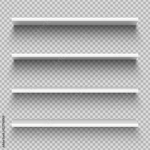 White shop product shelves. Blank empty showcase display, retail shelves. Bookcase vector mockup