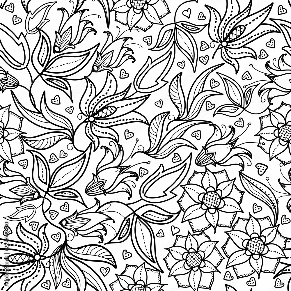 Abstract monochrome floral pattern with leaves. Black and white seamless ornament with flowers.