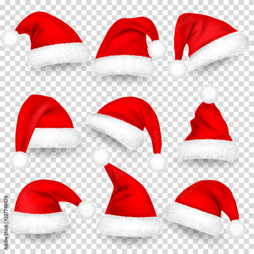 Christmas Santa Claus Hats With Fur and Shadow Set. New Year Red Hat Isolated on Transparent Background. Winter Cap. Vector illustration.
