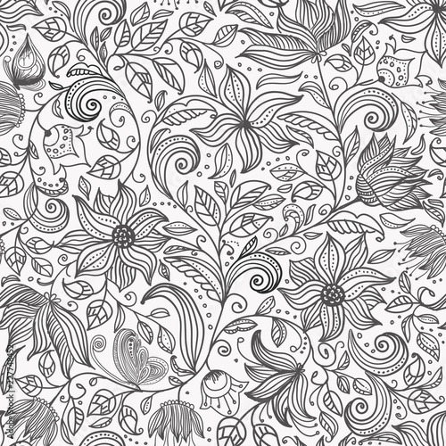 Abstract monochrome floral pattern with leaves. Black and white seamless ornament with flowers.
