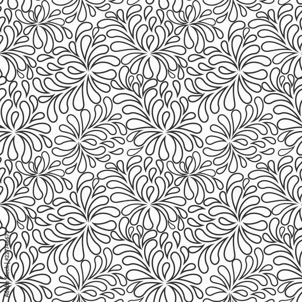 Seamless abstract fantasy background in doodle style. Coloring book page. Black and white texture. Floral ornament. 