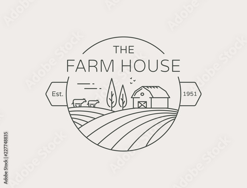 Farm House outline logo. Vector line emblem.