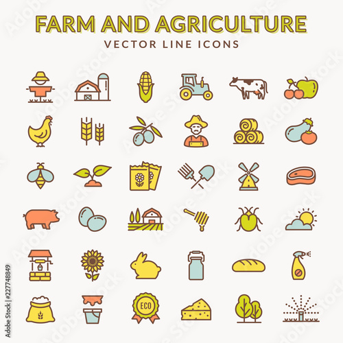 Farm and agriculture colored outline icons. Vector.