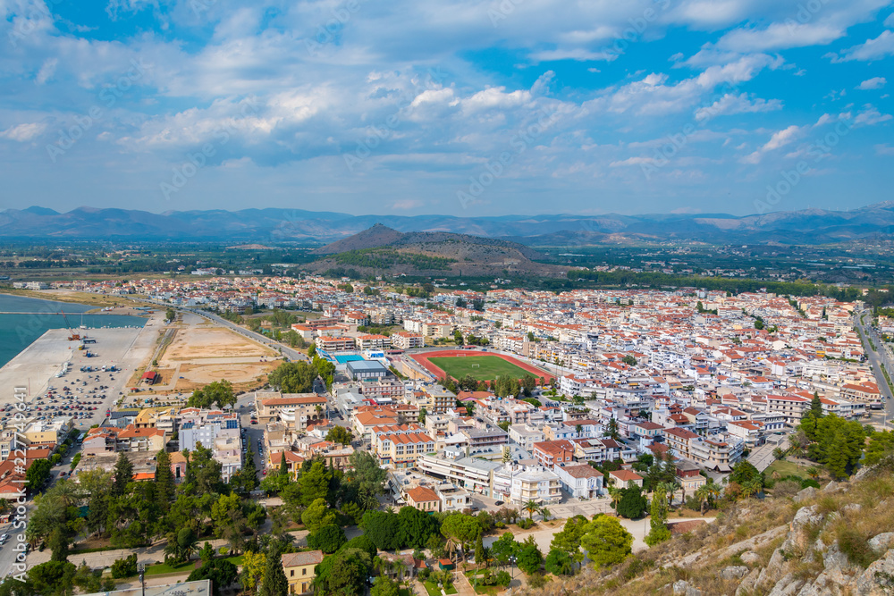Panoramic view of the Nafplio city from Palamidi castle in Peloponnese, Greece