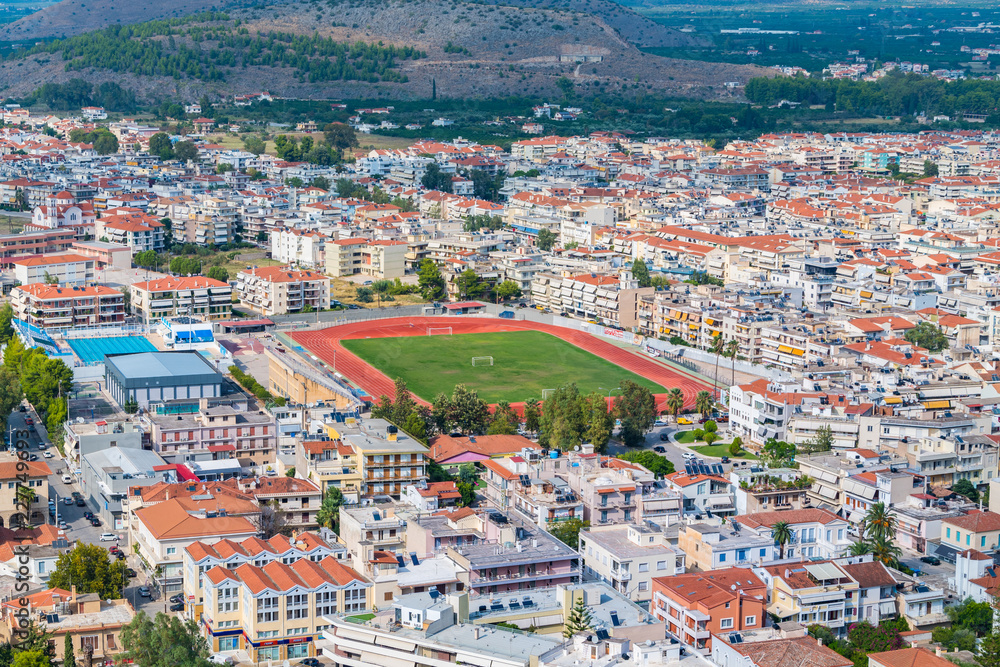 Panoramic view of the football field and the city of Nafplio in Peloponnese, Greece