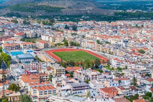Panoramic view of the football field and the city of Nafplio in Peloponnese, Greece