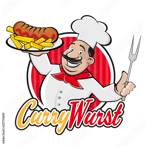 happy chef serving german currywurst