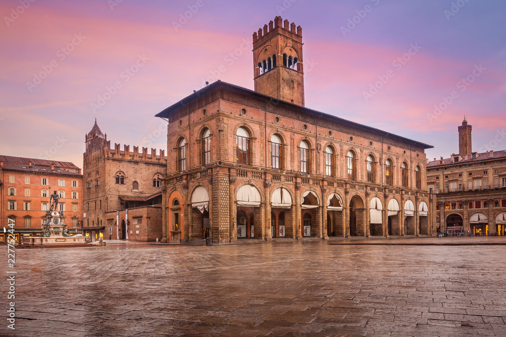 View of Main Square (Piazza Maggiore) with the Fountain of Neptune and Palazzo d'Accursio, Bologna, Italy
