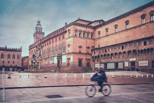 View of Main Square (Piazza Maggiore) with Palazzo d'Accursio, Bologna, Italy