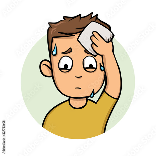 Young sweating man wipes his forehead. Flat design icon. Colorful flat vector illustration. Isolated on white background.