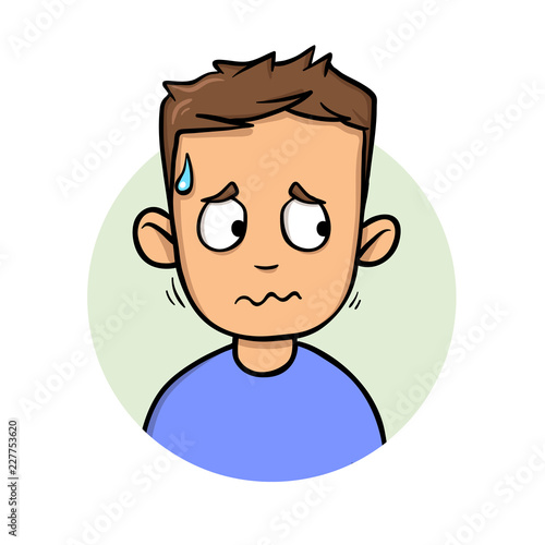 Young sweating man looking sideways. Flat design icon. Colorful flat vector illustration. Isolated on white background.