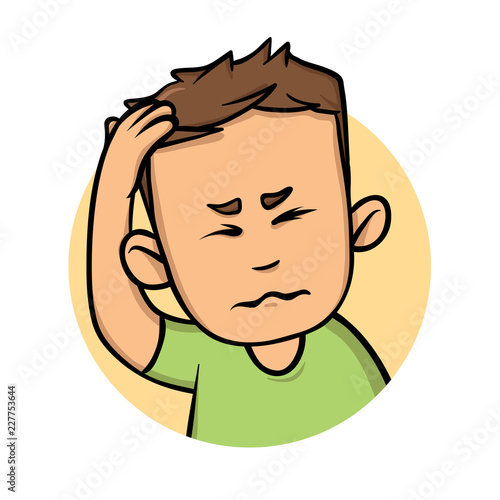 Young man with a headache, guy holding hand to his head. Flat design icon. Colorful flat vector illustration. Isolated on white background.