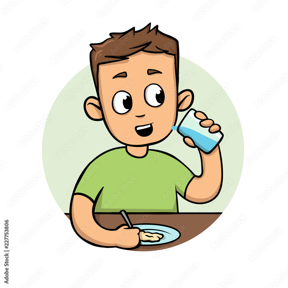 Young man eating meal. Cartoon flat design icon. Colorful flat vector  illustration. Isolated on white background. Stock Vector | Adobe Stock