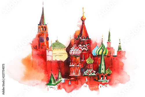 Canvas Print Moscow Russia Red square Saint Basil Cathedral Watercolor