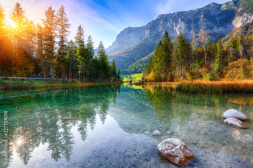 Fantastic autumn sunrise of Hintersee lake