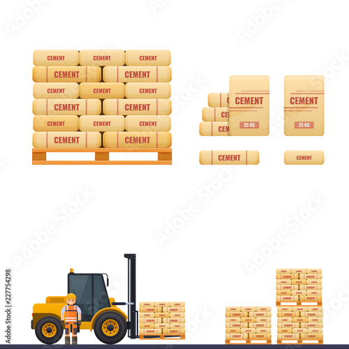 Cement icon, vector illustration of cement sacks on a pallet, builder and loader