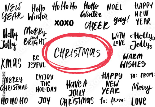 Set of New Year and Christmas phrases and words. Collection of hand drawn lettering. Vector illustration. photo