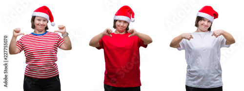 Collage of down sydrome woman wearing christmas hat over isolated background looking confident with smile on face, pointing oneself with fingers proud and happy.