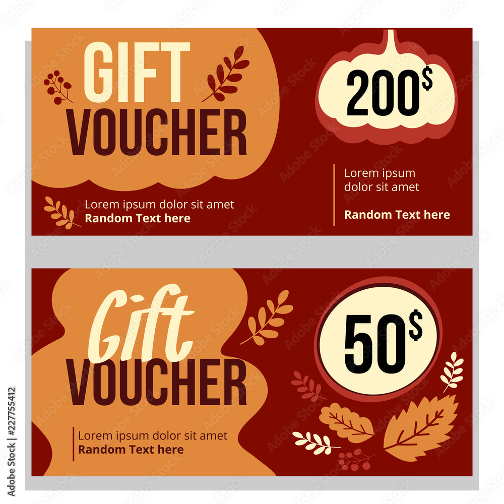 vector flat gift voucher coupon template with abstract pumpkin silhouette in maroon red