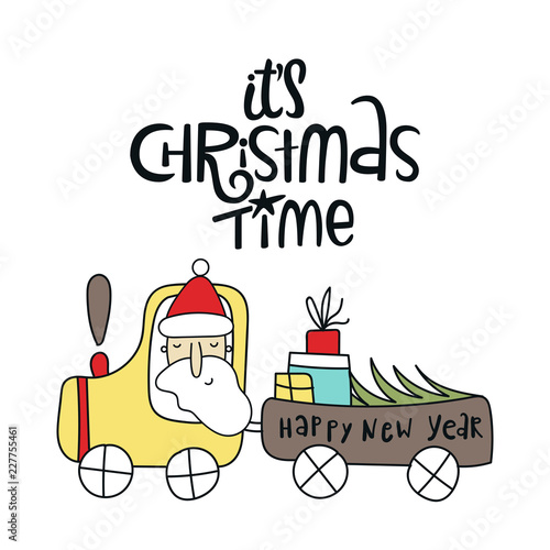 New Year and Christmas illustration with handdrawn lettering and Santa on the car with Christmas tree.