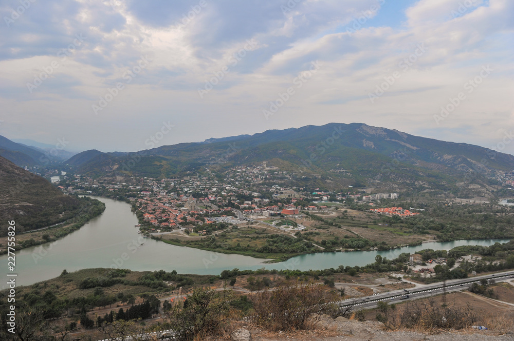The view on Mtskheta city at the point of  confluence of two rivers Mtkvari and Aragvi, GEORGIA