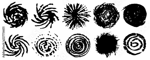 Black spiral circles of ink. Set of grungy swirling circles. Swirling grungy elements. Ink spiral movement. Vector 