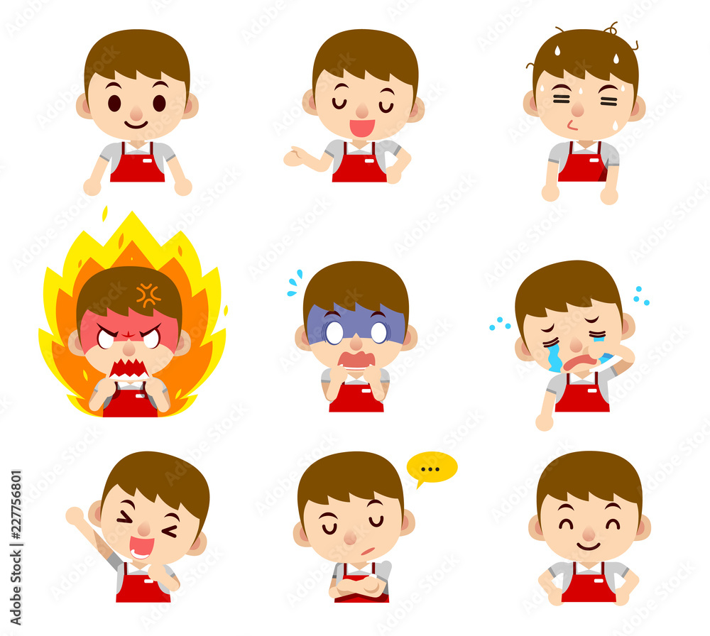 Vector set of male shopkeeper, staff character in different actions isolated on white background Vector set of male shopkeeper, staff character in different actions isolated on white background
