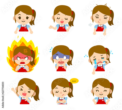 Vector set of female shopkeeper, staff character in different actions isolated on white background