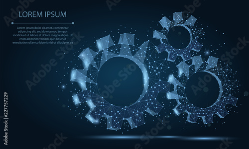 Abstract line and point gear on dark blue night sky with stars. Polygonal low poly background with connecting dots and lines. Vector illustration connection structure. 