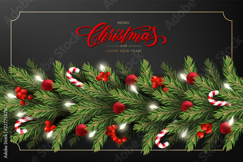 Holiday's Background for Merry Christmas greeting card with a realistic garland of pine tree branches, decorated with Christmas balls, Candy Canes, red berries. Lettering Merry Christmas