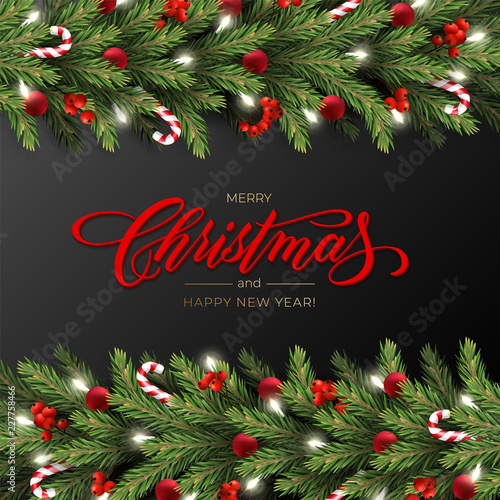 Holiday's Background for Merry Christmas greeting card with a realistic garland of pine tree branches, decorated with Christmas balls, Candy Canes, red berries. Lettering Merry Christmas