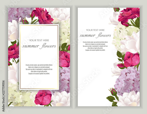 Vector banners set with roses, tulips and hydrangea flowers.Template for greeting cards, wedding decorations, invitation ,sales. Spring or summer design. Place for text.