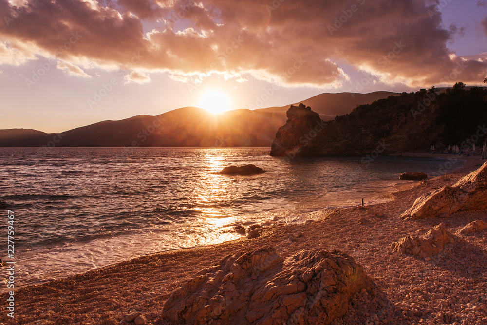 Agiofili beach  sunset on the Ionian sea, Lefkada island, Greece