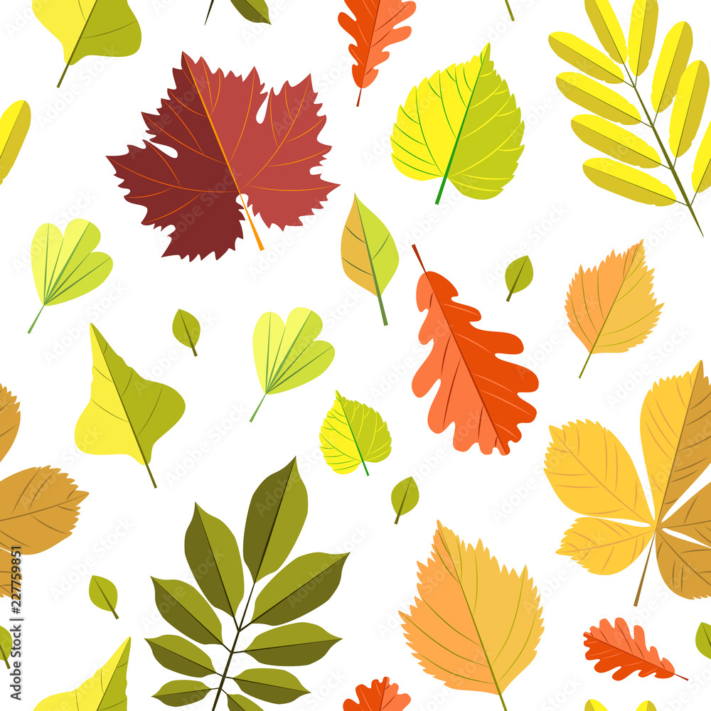 Seamless vector autumn leaves pattern, cute bright color design for stickers, labels, tags, gift wrapping paper, greeting cards, posters, banner design, fabrics, textile