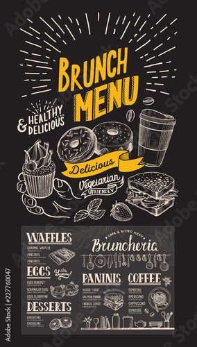 Brunch restaurant menu on chalkboard background. Vector food flyer for bar and cafe. Design template with vintage hand-drawn illustrations.