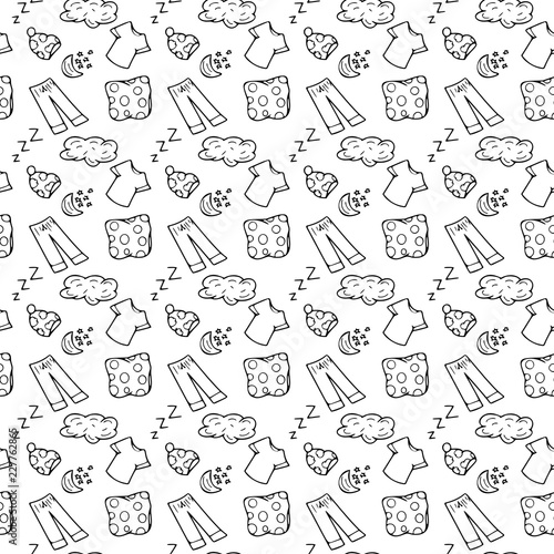 Seamless pattern of black outline set of pillows, t-shirts, pajamas, clouds, moon and stars on the white background, vector backgrounds, texture for wallpaper, wrapping, greeting card, print, line 
