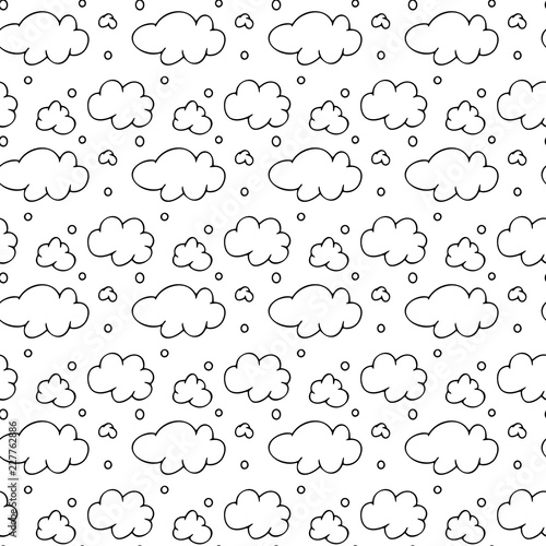 Seamless pattern of black outline clouds on the white background, vector backgrounds for kids, texture for wallpaper, wrapping, greeting card, print, line art 