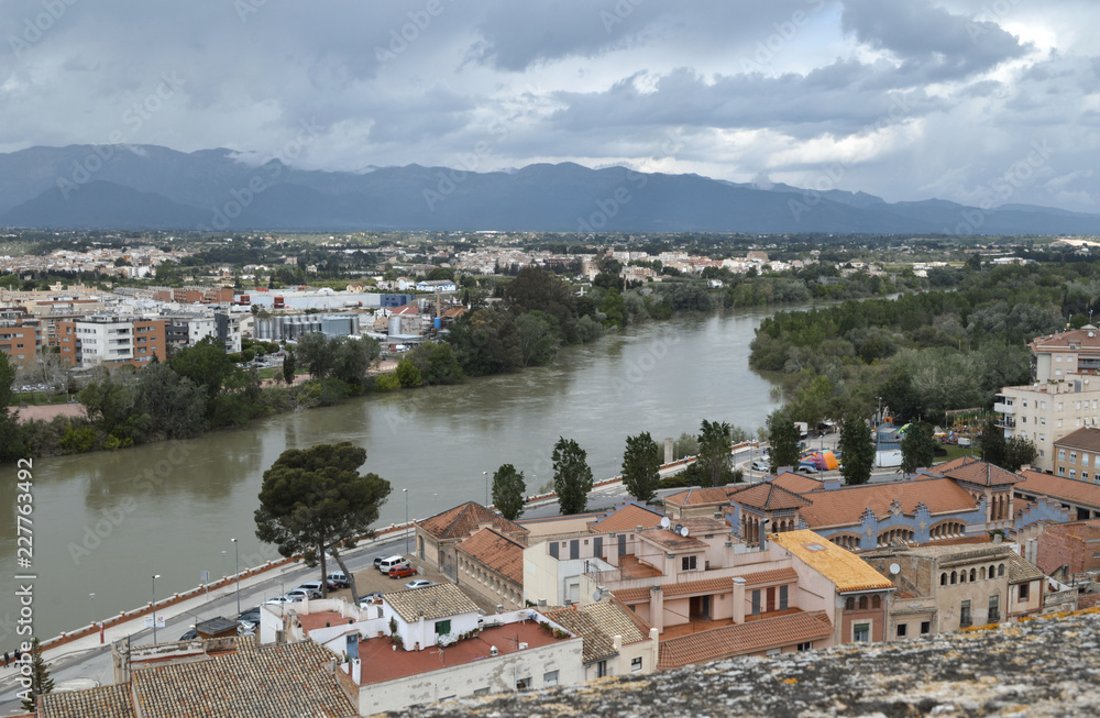 Top view of the Ebro River and the city of Tortosa.