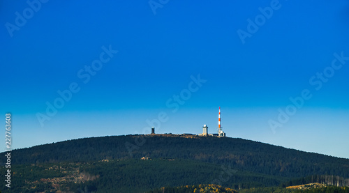 View on landscape of Harz mountain with and highest summit Brocken in fall