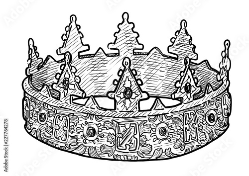 Crown illustration, drawing, engraving, ink, line art, vector