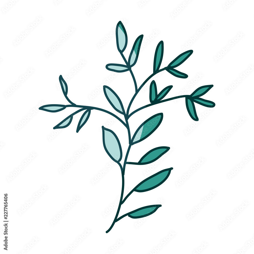 watercolor silhouette of branch with leaves on aquamarine