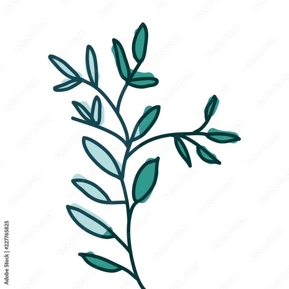 watercolor hand drawn silhouette of branch with aquamarine leaves