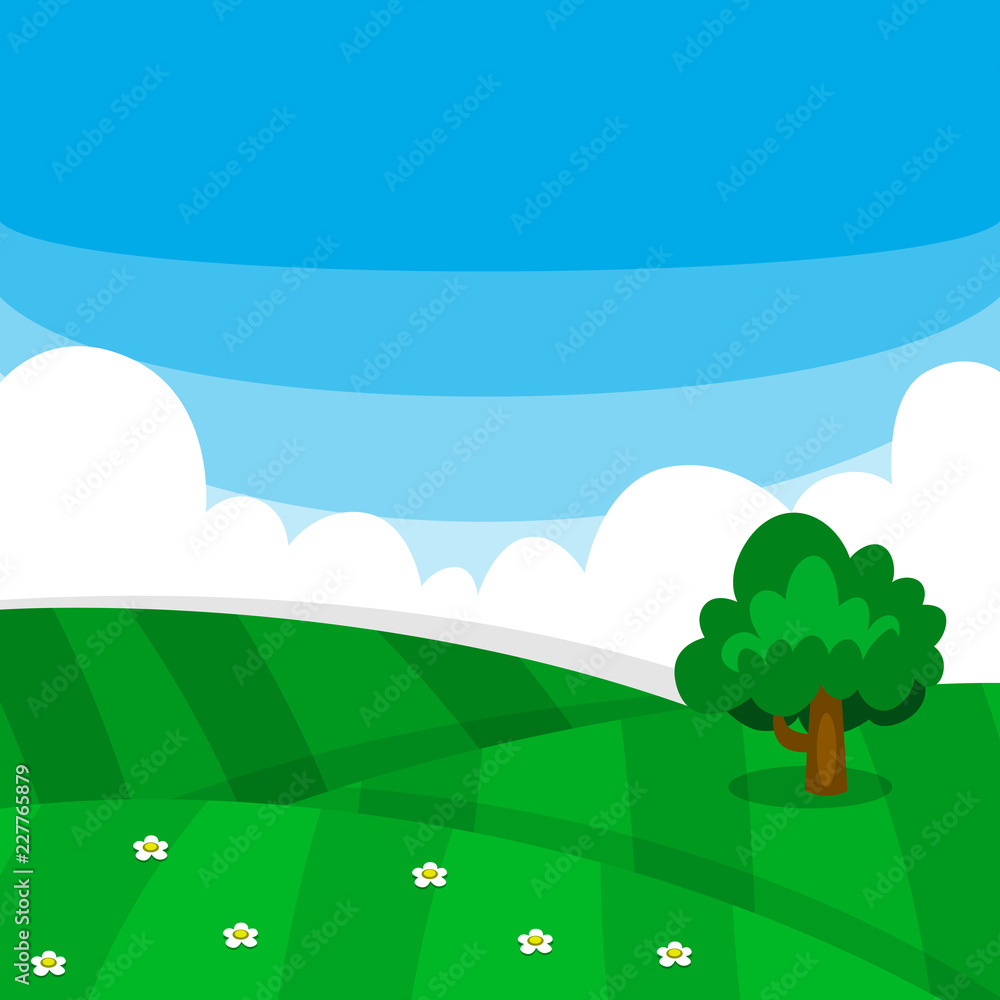 vector flat minimalist cartoon meadow illustration background template with tree scene