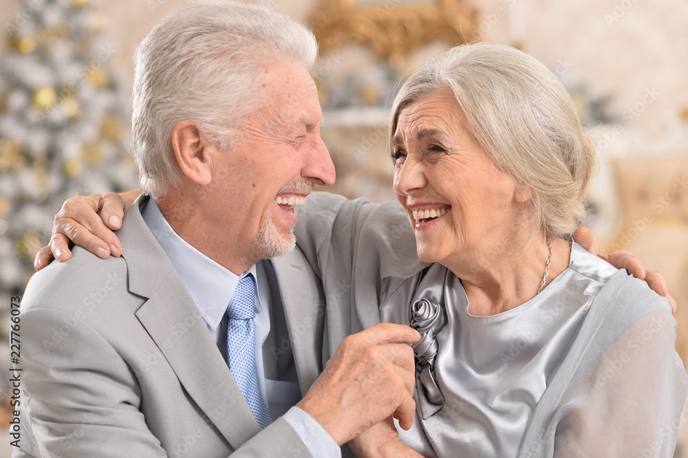 Portrait of elderly couple ear christmas tree Portrait of elderly couple ear christmas tree