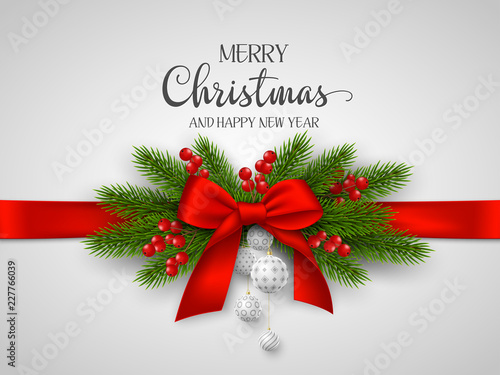 Christmas holiday design. Realistic silk red bow with ribbon, 3d balls, fir-tree branches, berries. New Year background. Vector illustration.