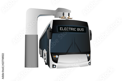Electric bus at a stop is charged by pantograph. Isolated on white. Vector illustration EPS 10